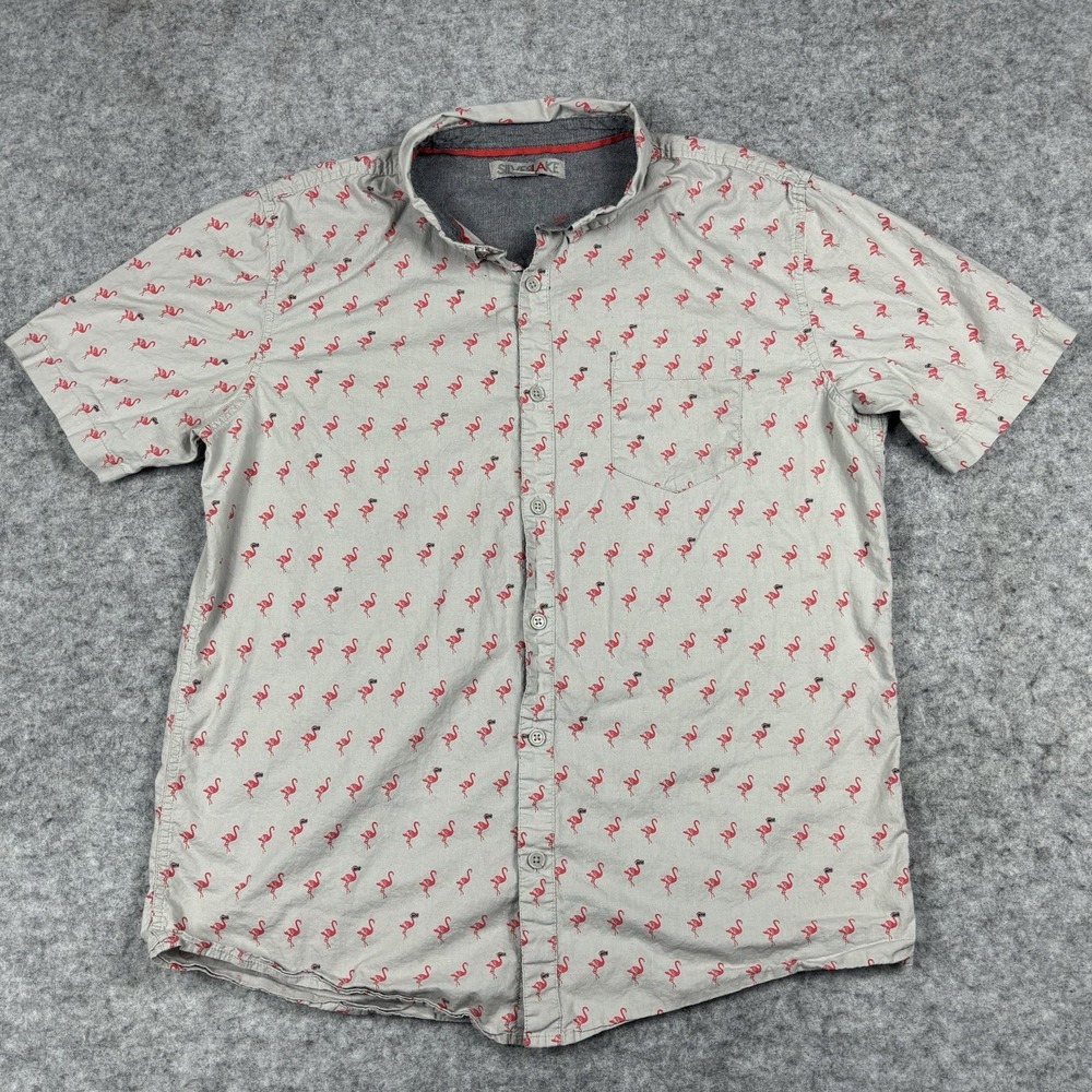Silver Lake Short Sleeve Button Down Shirt Mens XL Gray Flamingo All‎ Over Print